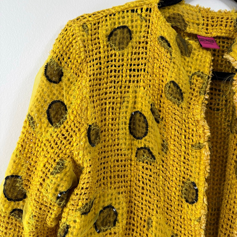 Save The Queen Yellow Silk Cotton Abstract Lace Art to Wear Cardigan Top Women L - Picture 3 of 15